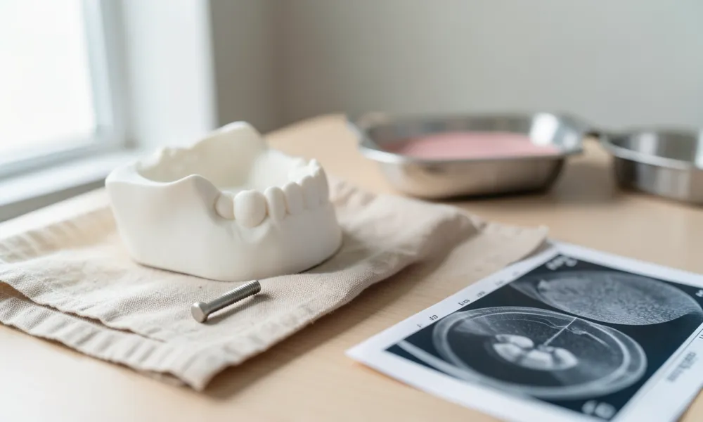 Diş implantı planlamasında kullanılan çene modeli, titanyum vida ve ölçü kaşığı keten örtülü masada